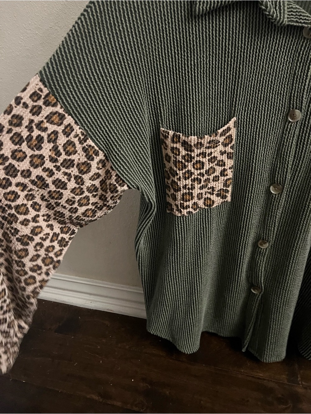7th Ray Olive Ribbed Knit Cardigan with Subtle Stripe Trim - Picture 2 of 5